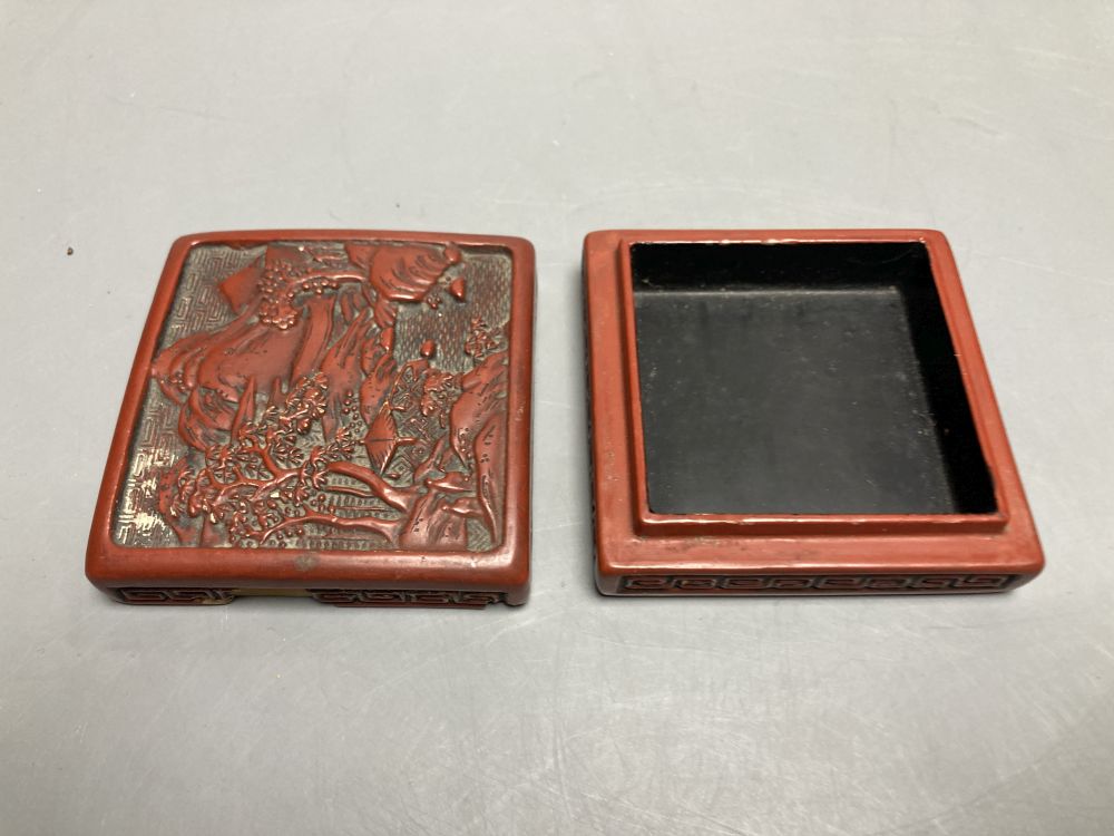 A Chinese cinnabar lacquer box, a carved ivory Chinese brush pot, 14cm and a cloisonne dish
